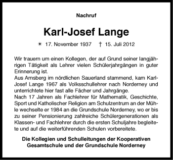 Traueranzeige von Karl-Josef Lange von Ostfriesischer Kurier