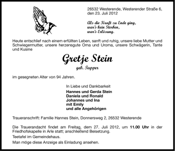 Traueranzeige von Gretje Stein von Ostfriesischer Kurier