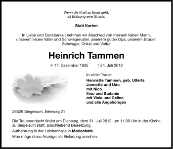 Traueranzeige von Heinrich Tammen von Ostfriesischer Kurier