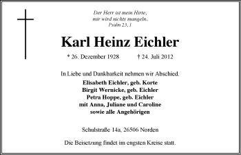 Traueranzeige von Karl Heinz Eichler von Ostfriesischer Kurier
