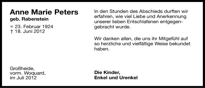  Traueranzeige für Anne Marie Peters vom 28.07.2012 aus Ostfriesischer Kurier