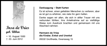 Traueranzeige von Insa de Vries von Ostfriesischer Kurier