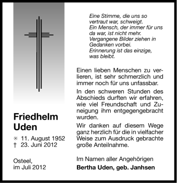Traueranzeige von Friedhelm Uden von Ostfriesischer Kurier