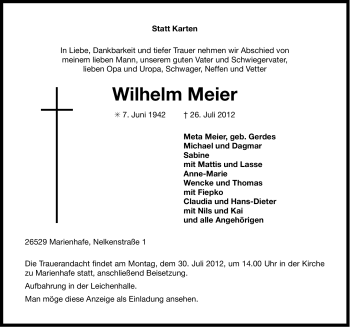 Traueranzeige von Wilhelm Meier von Ostfriesischer Kurier
