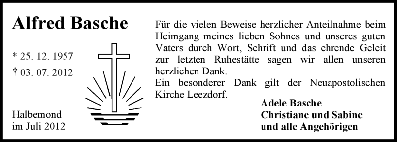  Traueranzeige für Alfred Basche vom 28.07.2012 aus Ostfriesischer Kurier