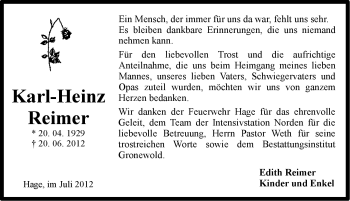 Traueranzeige von Karl-Heinz Reimer von Ostfriesischer Kurier