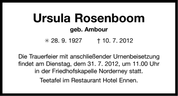 Traueranzeige von Ursula Rosenboom von Ostfriesischer Kurier