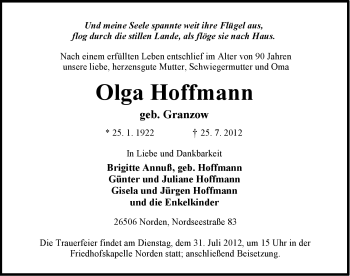 Traueranzeige von Olga Hoffmann von Ostfriesischer Kurier
