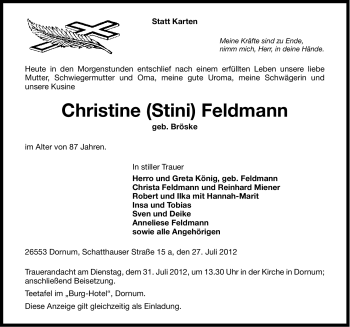 Traueranzeige von Christine Feldmann von Ostfriesischer Kurier