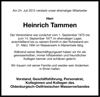 Traueranzeige von Heinrich Tammen von Ostfriesischer Kurier