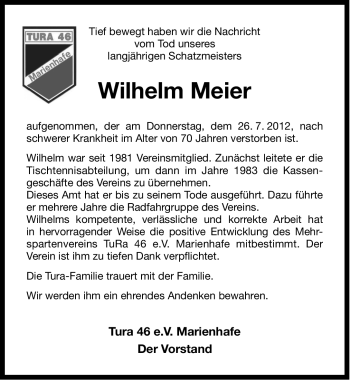 Traueranzeige von Wilhelm Meier von Ostfriesischer Kurier