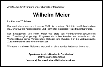 Traueranzeige von Wilhelm Meier von Ostfriesischer Kurier