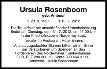 Traueranzeige von Ursula Rosenboom von Ostfriesischer Kurier