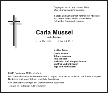 Traueranzeige von Carla Mussel von Ostfriesischer Kurier