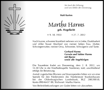 Traueranzeige von Martha Harms von Ostfriesischer Kurier