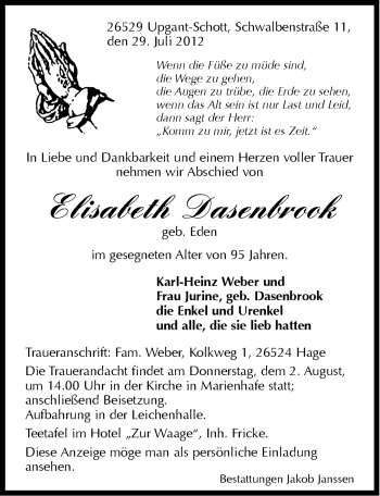 Traueranzeige von Elisabeth Dasenbrook von Ostfriesischer Kurier