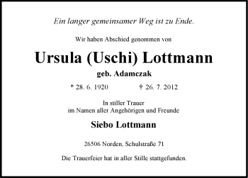 Traueranzeige von Ursula Lottmann von Ostfriesischer Kurier