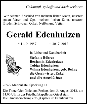 Traueranzeige von Gerald Edenhuizen von Ostfriesischer Kurier