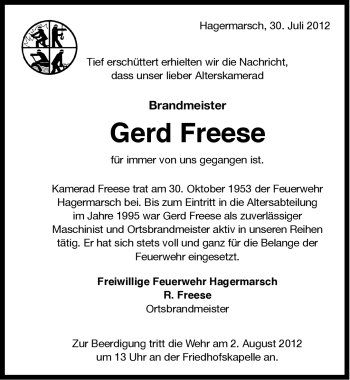 Traueranzeige von Gerd Freese von Ostfriesischer Kurier