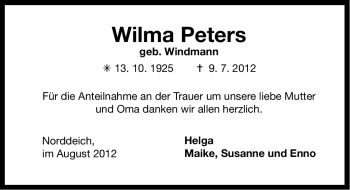 Traueranzeige von Wilma Peters von Ostfriesischer Kurier