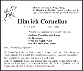 Traueranzeige von Hinrich Cornelius von Ostfriesischer Kurier