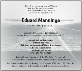 Traueranzeige von Eduard Manninga von Ostfriesischer Kurier
