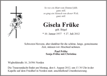 Traueranzeige von Gisela Früke von Ostfriesischer Kurier
