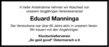 Traueranzeige von Eduard Manninga von Ostfriesischer Kurier