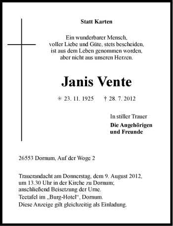 Traueranzeige von Janis Vente von Ostfriesischer Kurier