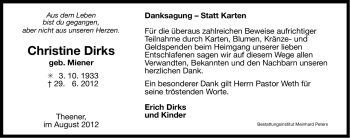 Traueranzeige von Christine Dirks von Ostfriesischer Kurier