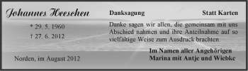Traueranzeige von Johannes Heeschen von Ostfriesischer Kurier