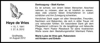 Traueranzeige von Heye de Vries von Ostfriesischer Kurier
