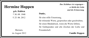 Traueranzeige von Hermine Hoppen von Ostfriesischer Kurier