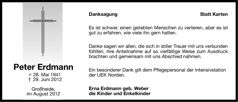  Traueranzeige für Peter Erdmann vom 04.08.2012 aus Ostfriesischer Kurier