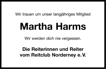 Traueranzeige von Martha Harms von Ostfriesischer Kurier