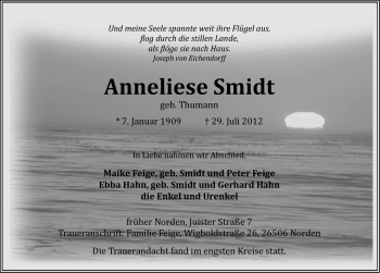 Traueranzeige von Anneliese Smidt von Ostfriesischer Kurier