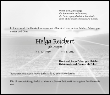 Traueranzeige von Helga Reichert von Ostfriesischer Kurier