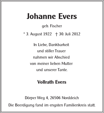 Traueranzeige von Johanne Evers von Ostfriesischer Kurier