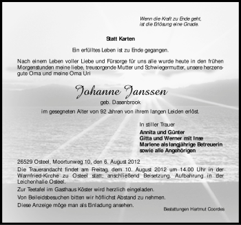 Traueranzeige von Johanne Janssen von Ostfriesischer Kurier