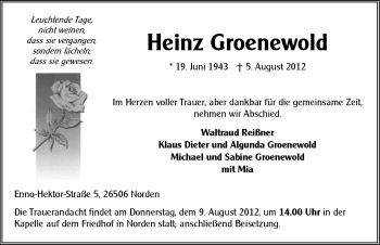 Traueranzeige von Heinz Groenewold von Ostfriesischer Kurier