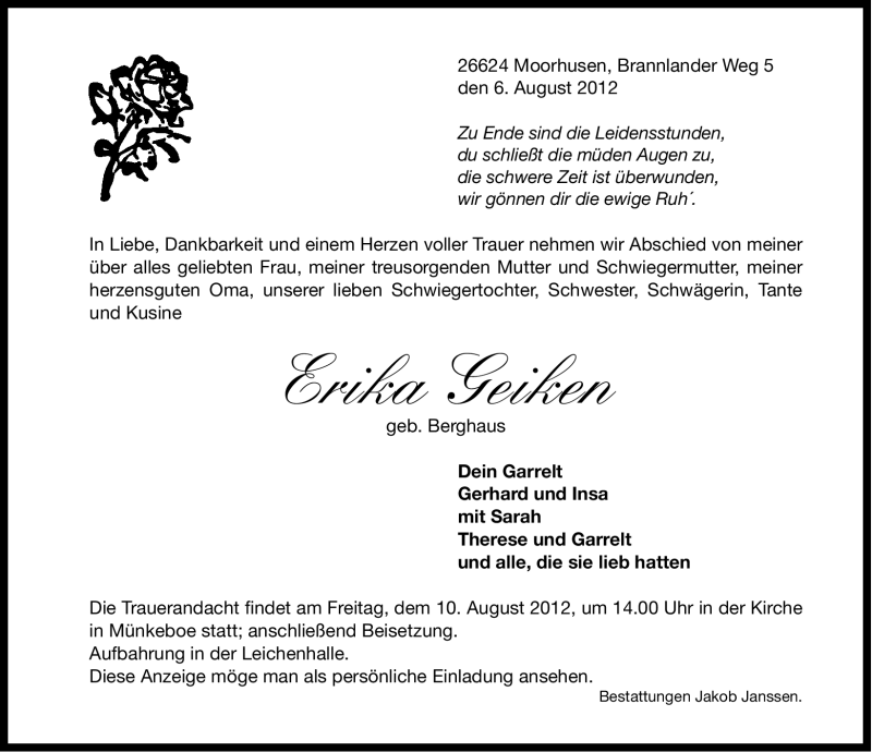 Traueranzeigen von Erika Geiken | OK-Trauer.de