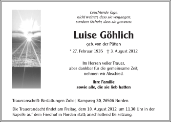 Traueranzeige von Erika Göhlich von Ostfriesischer Kurier