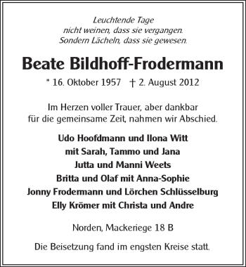 Traueranzeige von Beate Bildhoff-Frodermann von Ostfriesischer Kurier