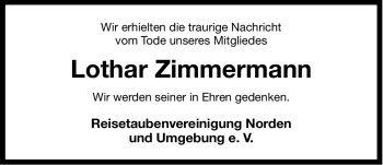 Traueranzeige von Lothar Zimmermann von Ostfriesischer Kurier