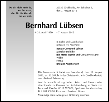 Traueranzeige von Bernhard Lübsen von Ostfriesischer Kurier