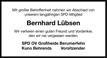 Traueranzeige von Bernhard Lübsen von Ostfriesischer Kurier