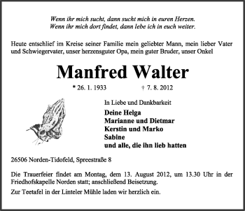 Traueranzeige von Manfred Walter von Ostfriesischer Kurier