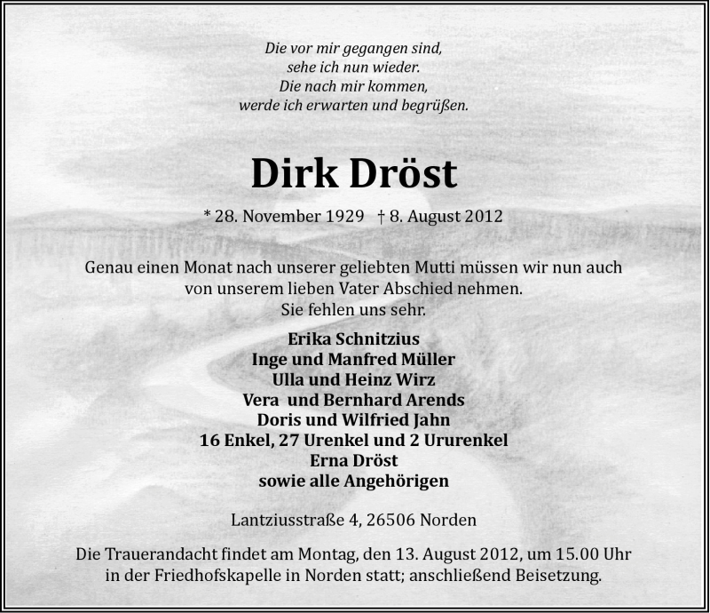  Traueranzeige für Dirk Dröst vom 09.08.2012 aus Ostfriesischer Kurier