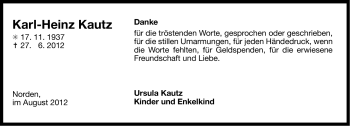 Traueranzeige von Karl-Heinz Kautz von Ostfriesischer Kurier
