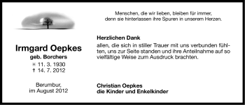Traueranzeige von Irmgard Oepkes von Ostfriesischer Kurier
